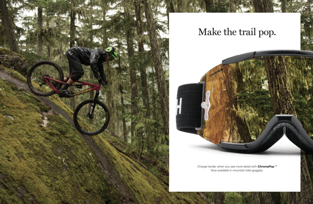 Smith Squad MTB goggle ad that reads "Make the trail pop. Charge harder when you se more detail with Chromapop 